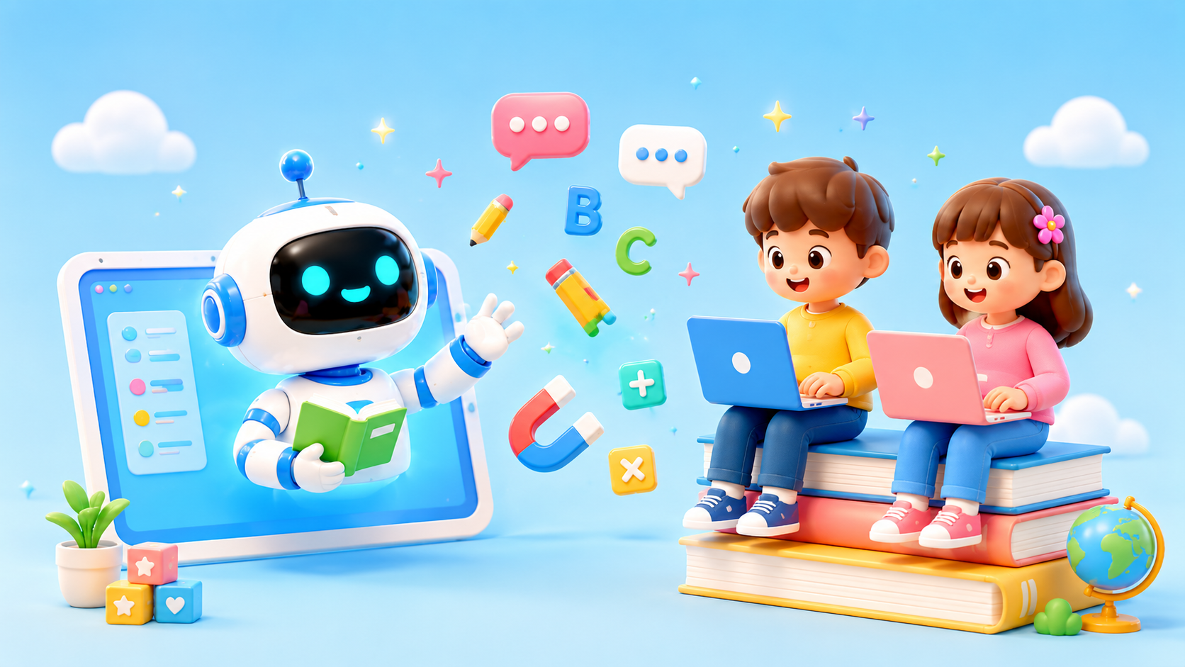 AI 로봇과 함께 노트북으로 학습하는 어린이들이 그려진 AI 교육 콘텐츠 배너