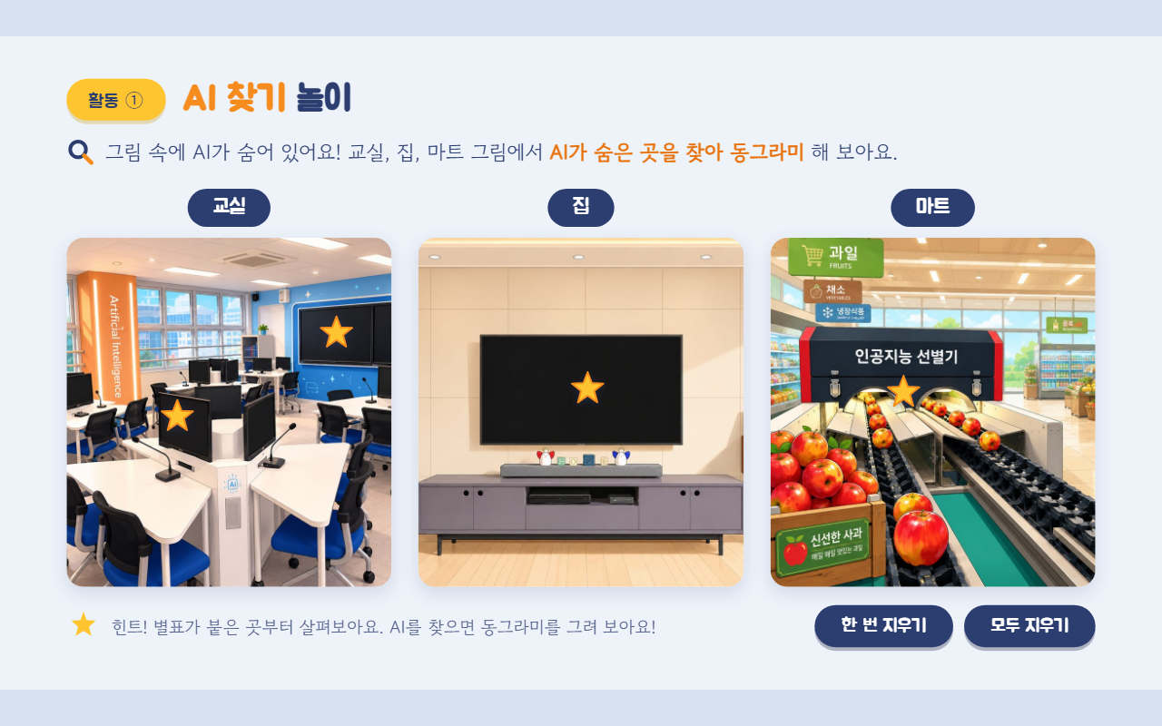 그림 속 AI를 찾아 표시하는 AI 찾기 놀이 활동 화면