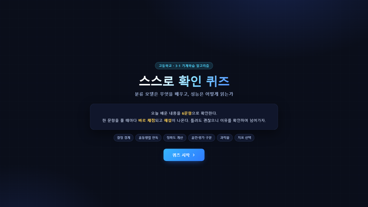 분류 모델의 학습과 평가 스스로 확인 퀴즈 시작 화면